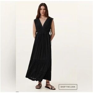 AllSaints Xanthe Black Lace Trim Maxi Dress Boho Festival Size 12 EU 44